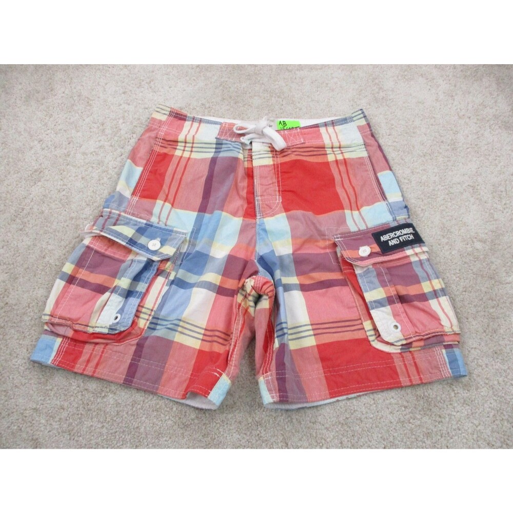 Abercrombie & Fitch Swim Trunks Men Small Red Blue Plaid Tuggers Bathing Suit